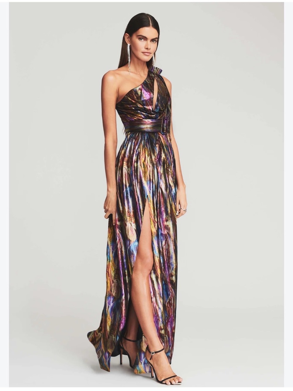 Retrofete Andrea Maxi Dress oil-spill iridescent metallic lamé fabric